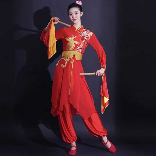 Chinese folk Dragon lion Drumming dance costumes for women traditional Chinese Festival waist drum Yangge dance wear for female